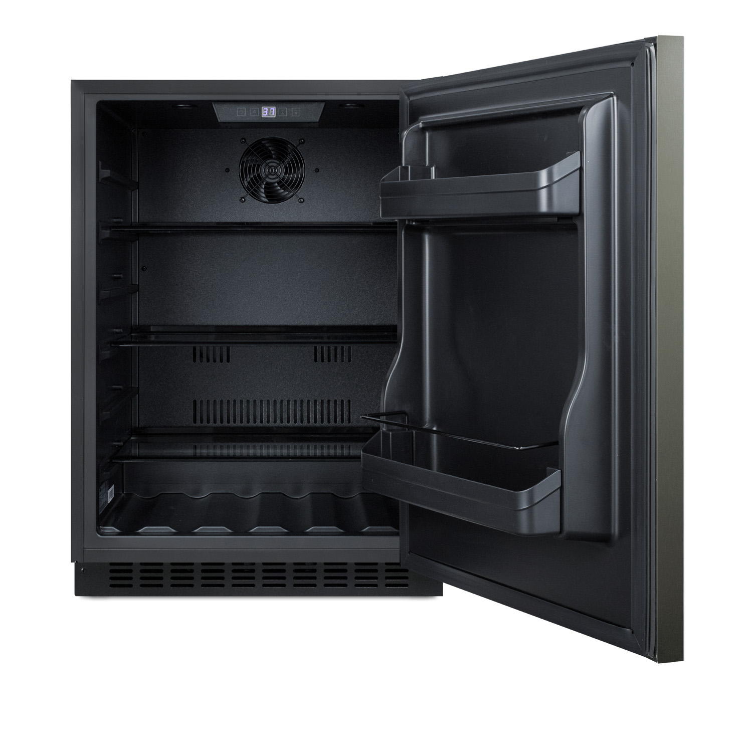 Built-in undercounter ADA compliant all-refrigerator with black stainless steel door, horizontal handle, black cabinet, door storage, and digital controls